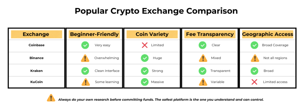 Crypto exchange comparison chart showing beginner-friendliness, coin variety, fee transparency, and geographic access across major platforms