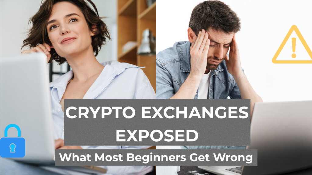 Confused person comparing crypto exchanges with hidden risks and warning signs.