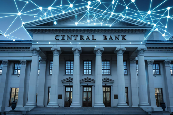 Central bank building with digital currency grid overlay representing What Is CBDC and government-controlled digital money in 2025