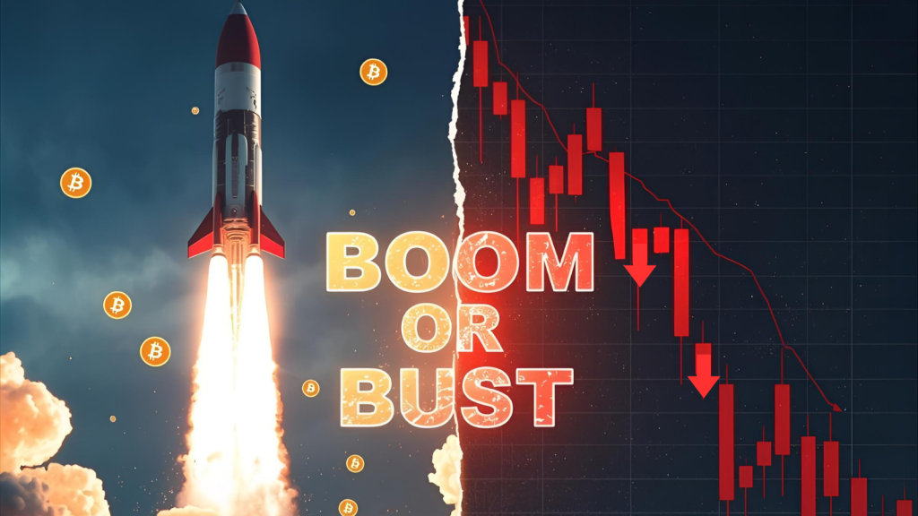 Bitcoin ETFs, Ethereum ETFs boom or bust illustration with rocket launch and market crash split-screen