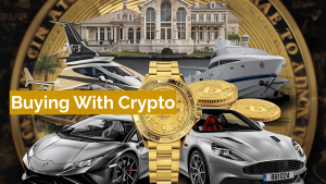 House and car with cryptocurrency symbols illustrating buying real estate with crypto