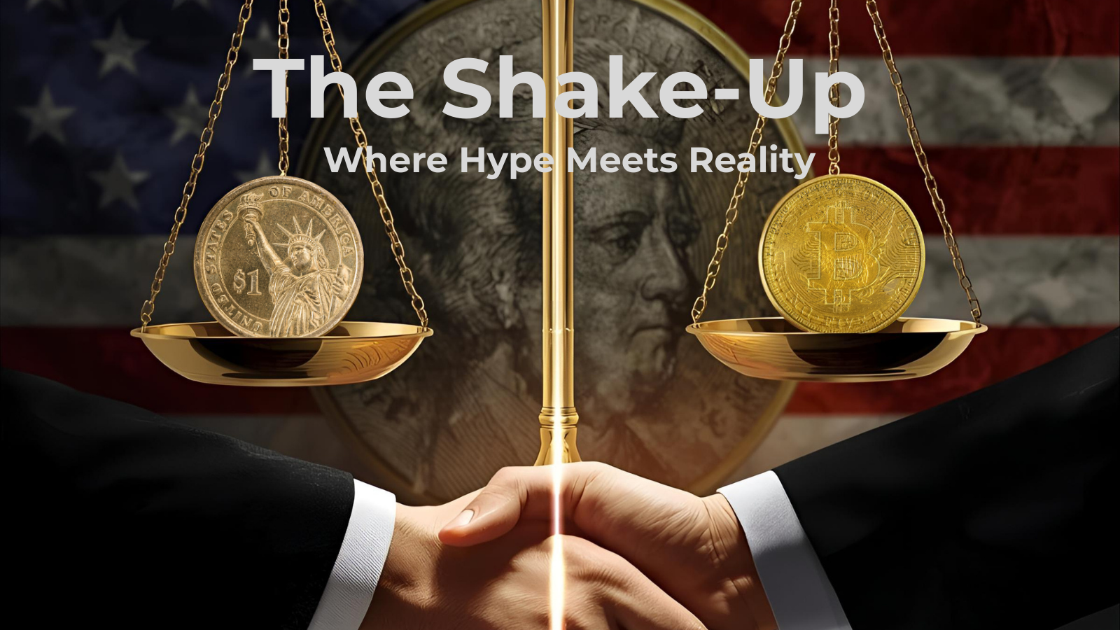 Balance scale with a U.S. coin and Bitcoin, handshake in the foreground, and faint U.S. flag in the background, symbolizing the GENIUS Act stablecoin shake-up.
