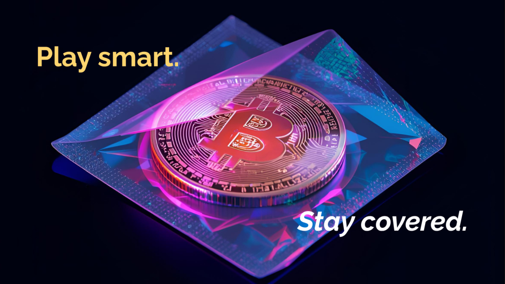 Bitcoin coin sealed inside a partially opened condom wrapper on a black background, symbolizing crypto safety and protection.