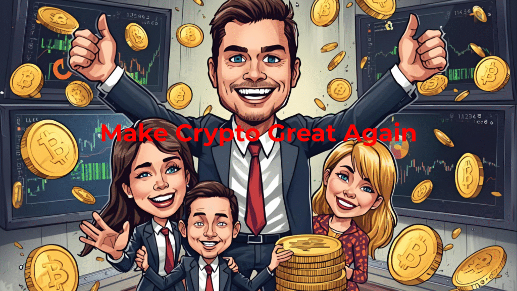 Digital artwork symbolizing Trump crypto family wealth and digital coins, representing political power and crypto success.