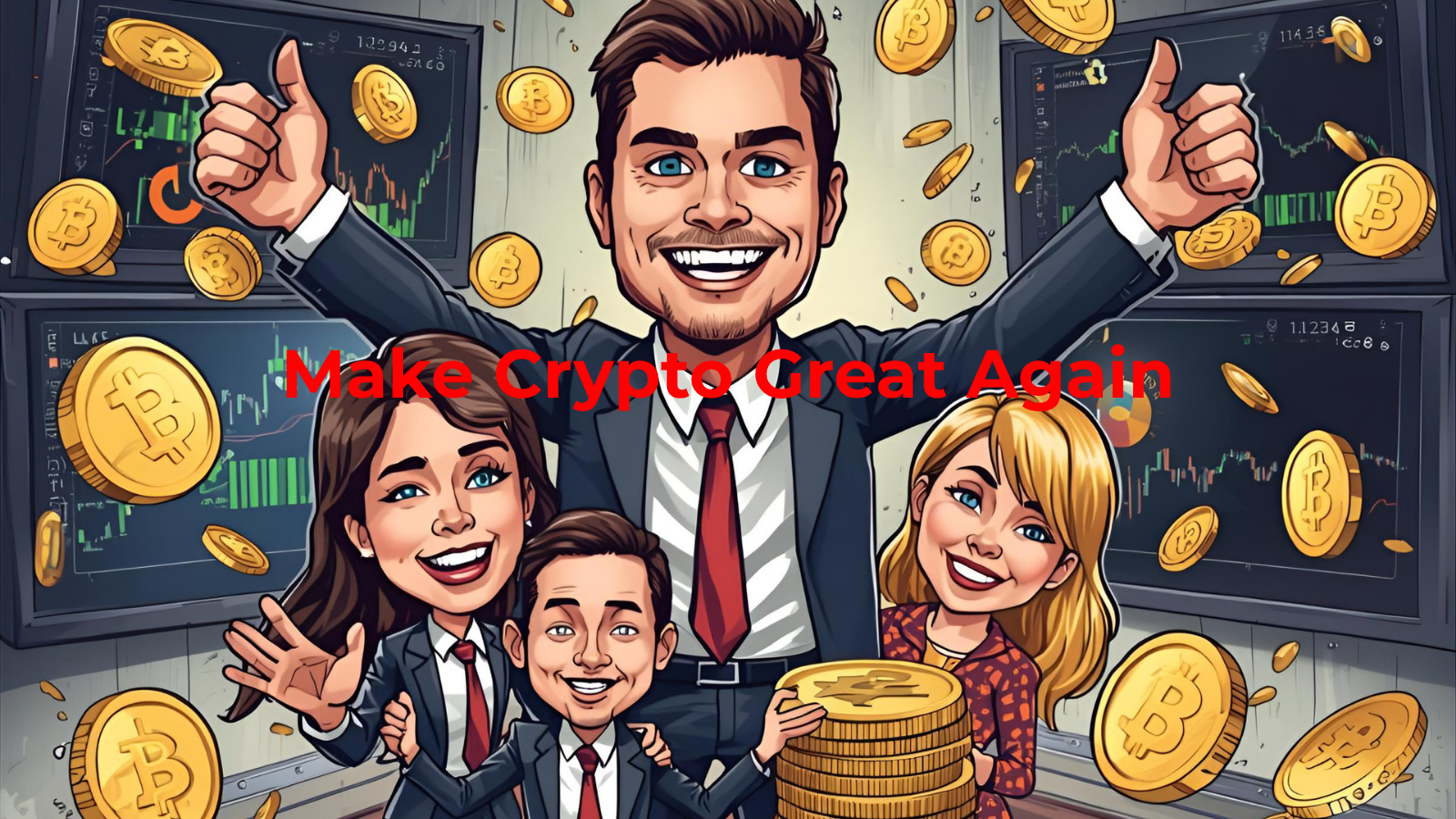 Digital artwork symbolizing Trump crypto family wealth and digital coins, representing political power and crypto success.