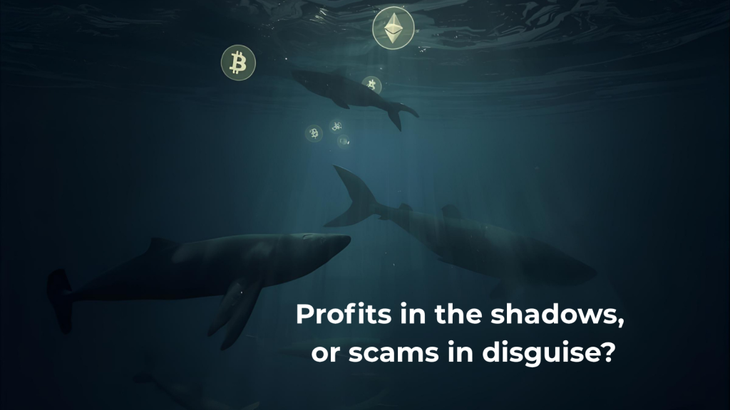 Illustration of whales and sharks circling beneath the surface representing crypto dark pools and hidden trading activity.