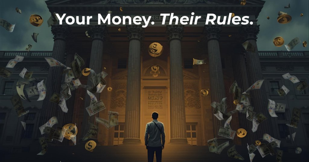 Person standing outside a locked bank building with fading dollar signs, symbolizing debanking and loss of financial control