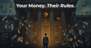 Person standing outside a locked bank building with fading dollar signs, symbolizing debanking and loss of financial control