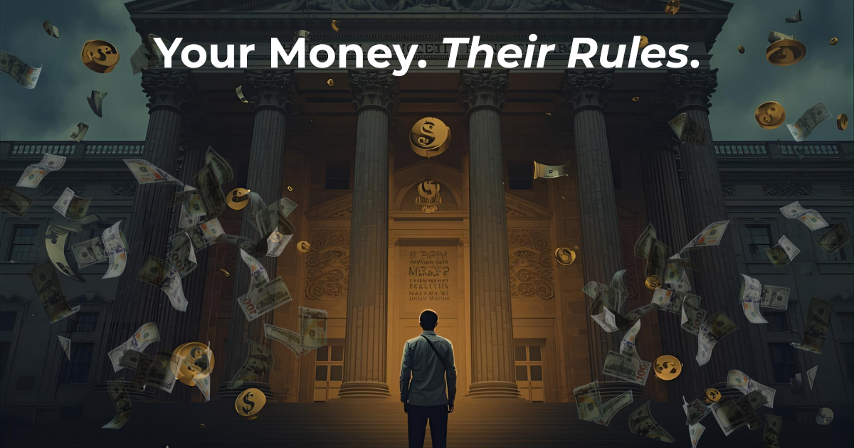 Person standing outside a locked bank building with fading dollar signs, symbolizing debanking and loss of financial control