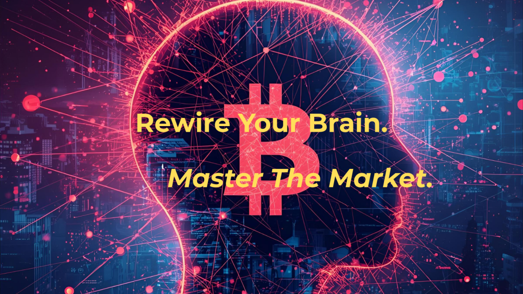 Outline of a glowing pink human head firing thought sparks with a Bitcoin symbol, symbolizing rewiring the brain for a powerful crypto mindset.