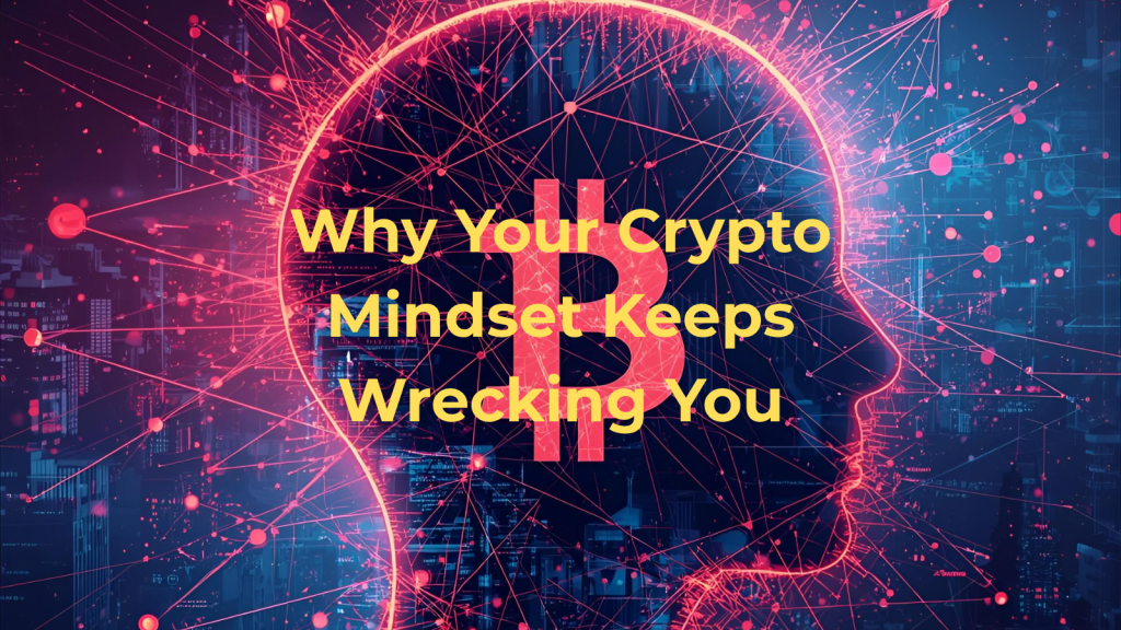 Outline of a human head with glowing pink thought sparks and a Bitcoin symbol, representing emotional chaos and a conflicted crypto mindset.