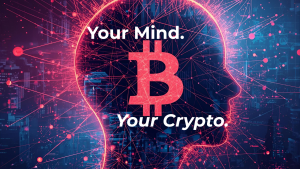 Outline of a human head with glowing Bitcoin symbol and neural energy representing a powerful crypto mindset.