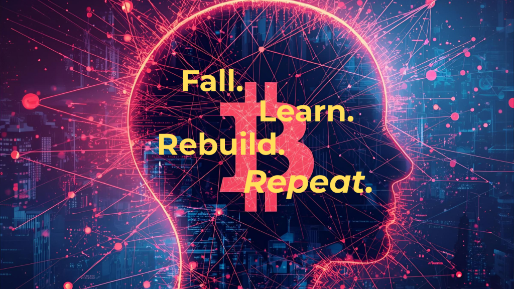 Glowing pink outline of a human head with thought sparks and a Bitcoin symbol radiating outward, representing confidence and a grounded crypto mindset.