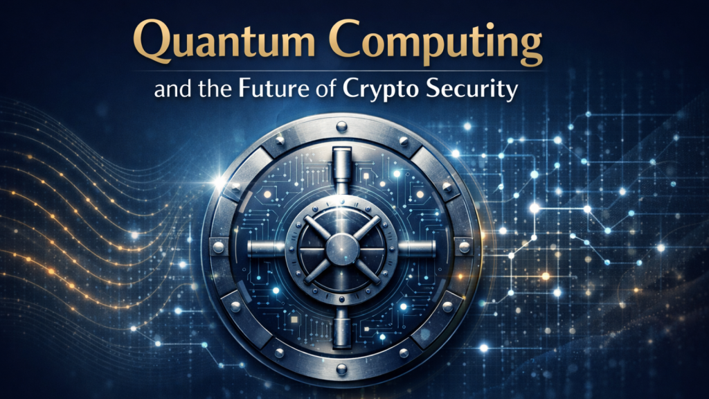 Quantum computing and crypto security vault lock illustration